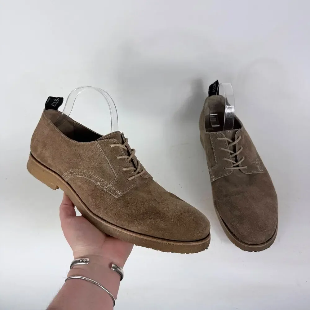 AllSaints Derby Shoes Men's 10 Taupe Suede Leather Plain Toe Lace-Up Low Top